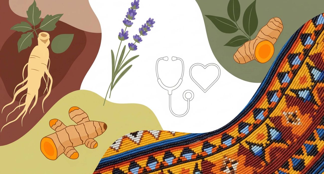A collection of objects representing different cultures' approaches to health, such as herbs, a traditional beaded container, and a modern medical diagram.