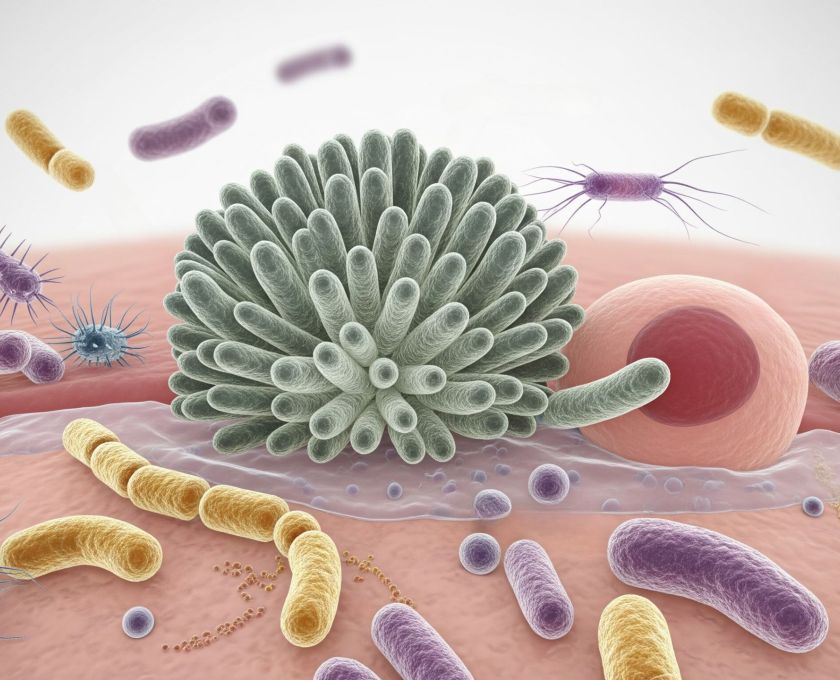 Illustration of the vaginal microbiome showing beneficial bacteria like Lactobacillus