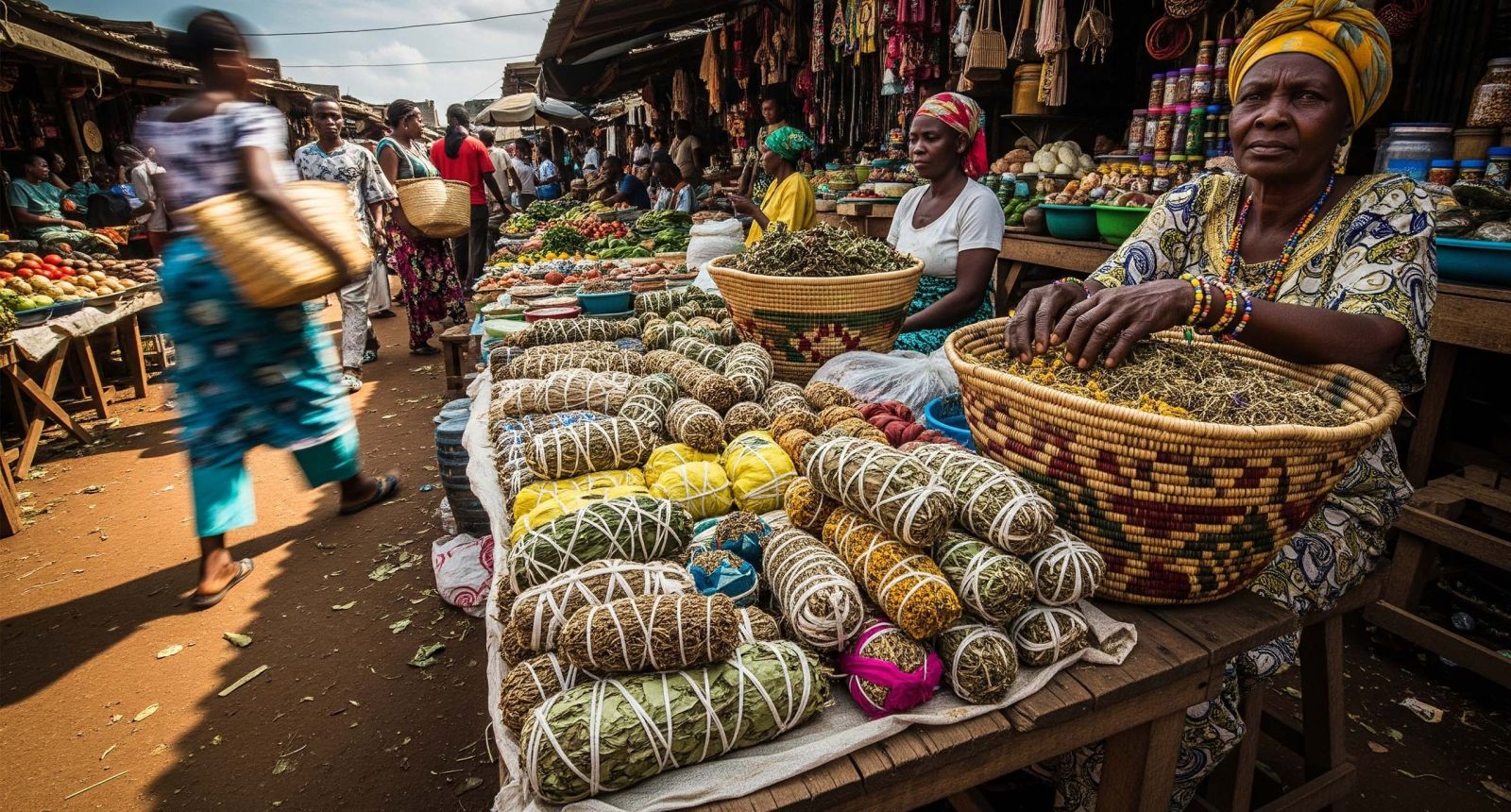 Market stall with wrapped herbal bundles and clay pots, illustrating traditional remedies and preparations.