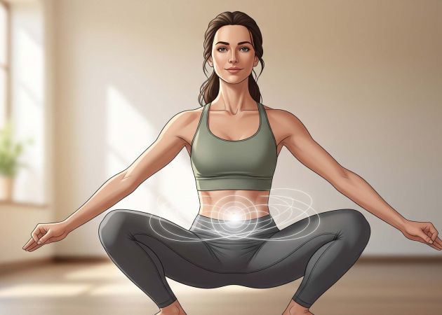 Woman practicing yoga squat to support pelvic floor health