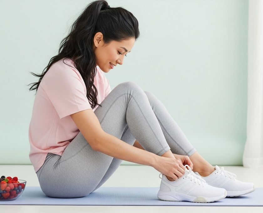 Woman tying running shoes beside fresh berries and water—symbolizing balanced, sustainable weight loss habits