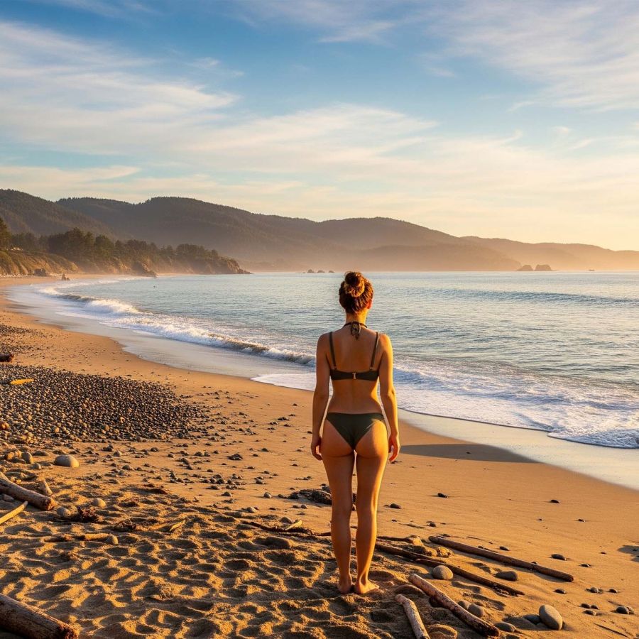 Una playa naturista tranquila con viajeros disfrutando del mar en un ambiente relajado.