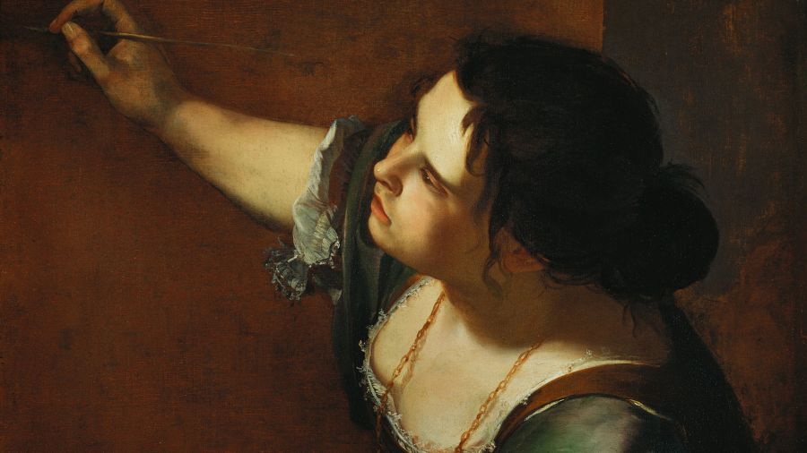 Autorretrato como alegoría de la pintura de Artemisia Gentileschi, que muestra a la artista en acción, sosteniendo un pincel y una paleta.
