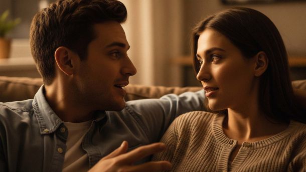Una pareja practicando la escucha activa, un miembro de la pareja habla mientras el otro escucha con atención.