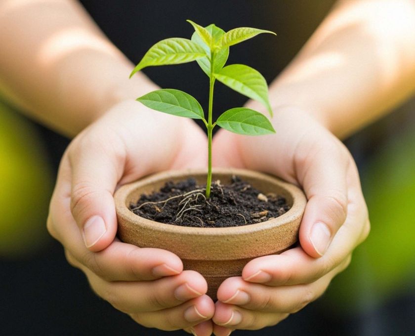 A couple's hands gently supporting a growing sapling, symbolizing a nurturing and growing relationship.