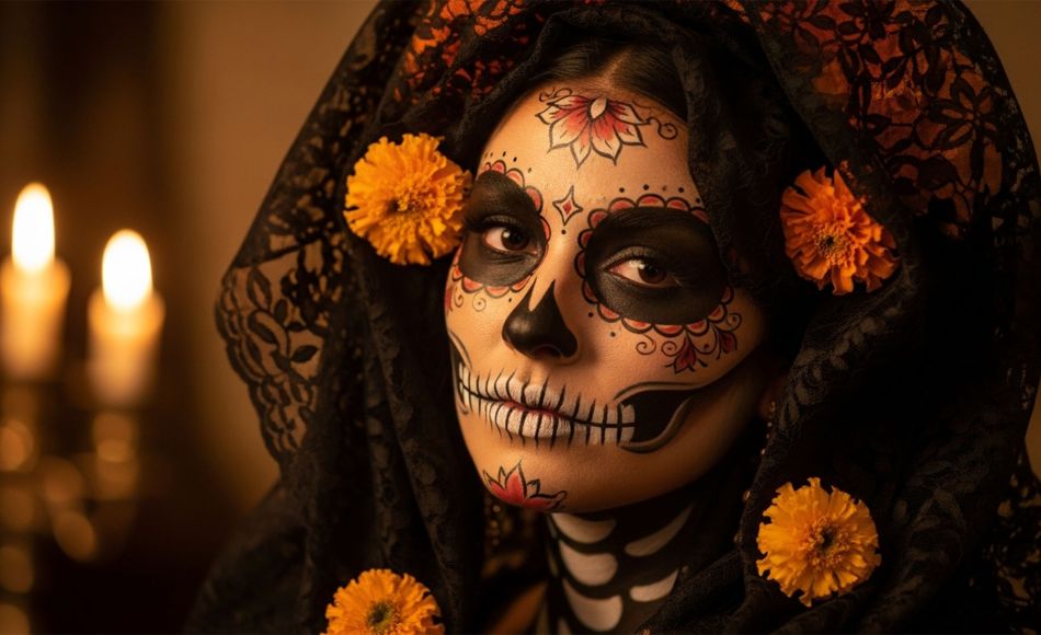 Elegant La Catrina portrait with lace veil, marigolds, and candlelight