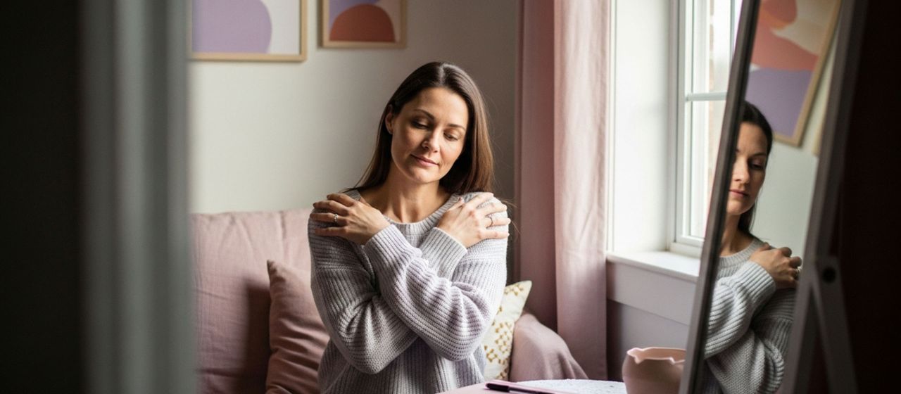 Woman calmly reflecting in front of a mirror and journaling, in soft pastel colors, for a body appreciation article