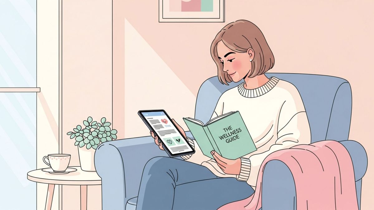 Illustration of a woman reading a health guide on her laptop in soft pastel tones, representing learning accurate information about female anatomy.