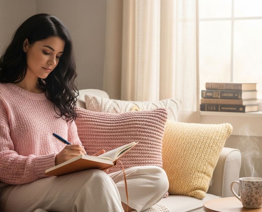 Woman relaxing alone in a soft pastel bedroom, reflecting on solo sexuality
