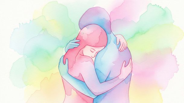 Aquarelle abstraite d’un couple s’enlaçant pour le confort intime