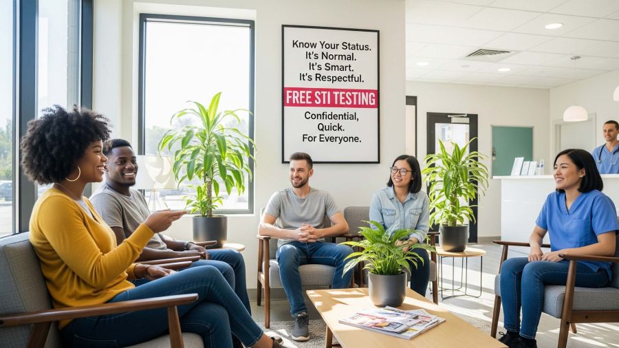 Two couples in a waiting area in a clinic for STI testing before having sex for the first time, symbolizing shared responsibility for sexual health.