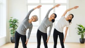Drei Frauen unterschiedlichen Alters – eine junge Erwachsene, eine Frau mittleren Alters und eine Seniorin – führen gemeinsam eine sanfte Dehnübung durch.