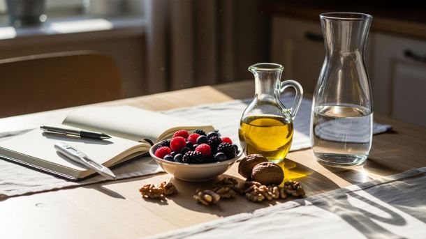 Foods and tools that support fertility: berries, walnuts, olive oil, water, journal, and basal thermometer