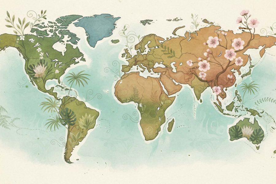 World map with cultural herbal and wellness symbols for vaginal care traditions.