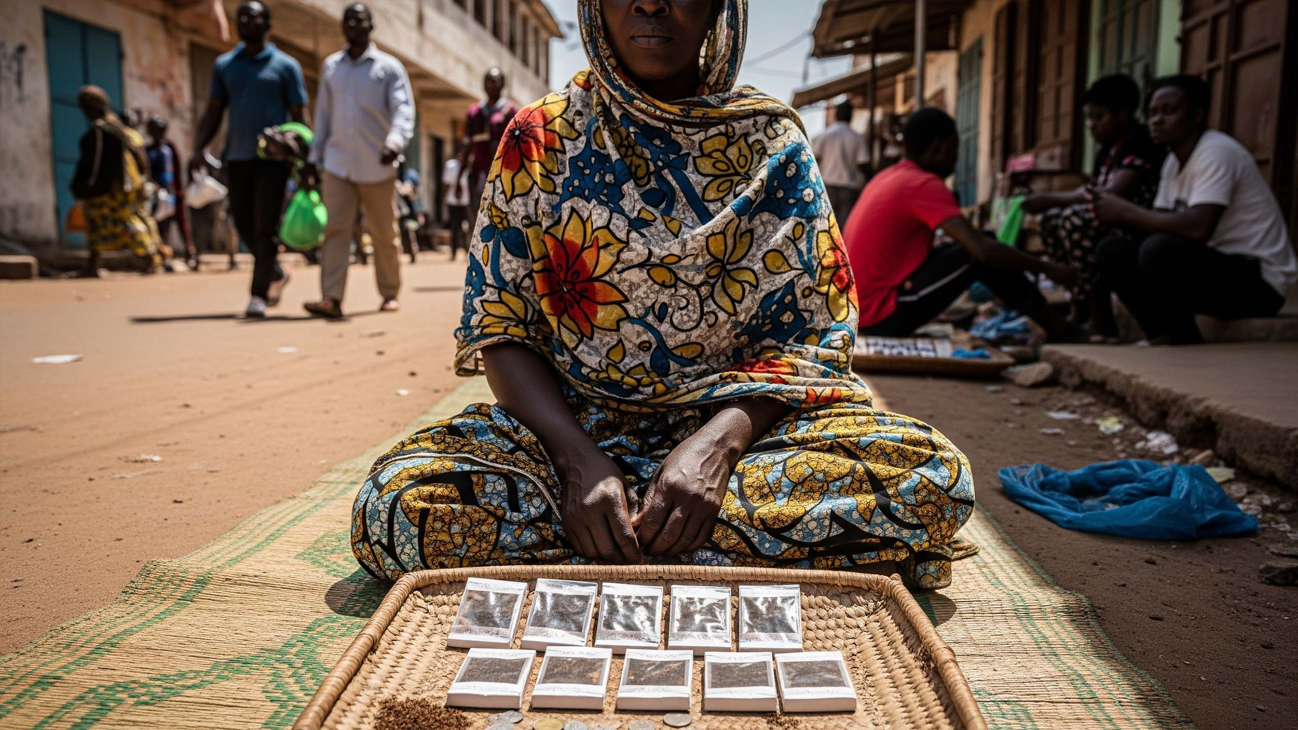 Pulverisierter Tabak auf einem afrikanischen Markt, symbolisiert traditionellen intravaginalen Gebrauch