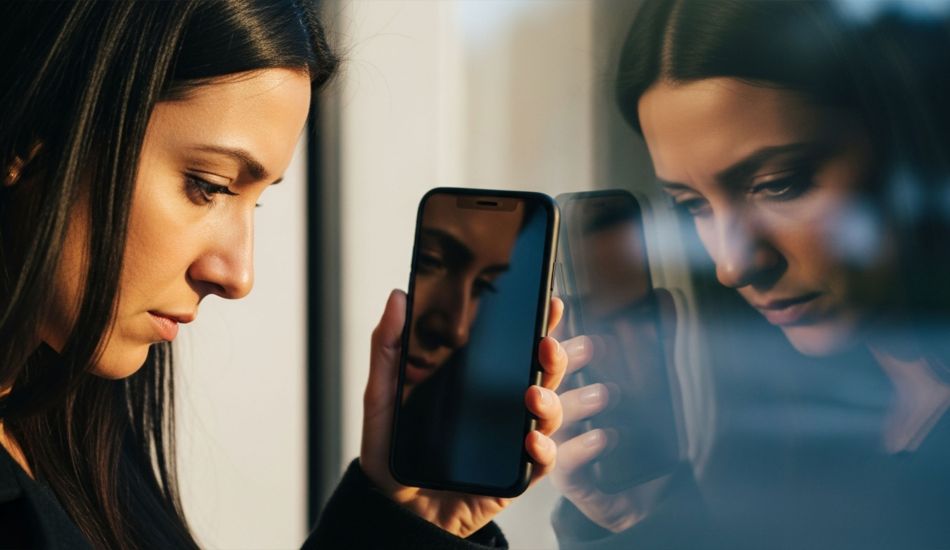 Woman reflected in smartphone screen symbolizing media influence on self-image.