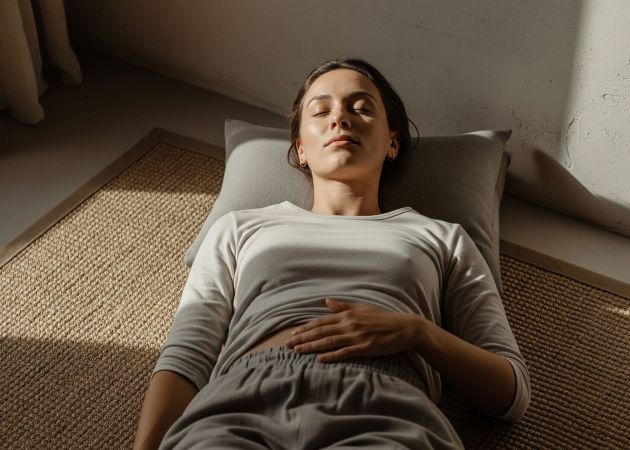Une femme pratique la forme physique somatique en s'allongeant et en se concentrant sur sa respiration et ses sensations corporelles.