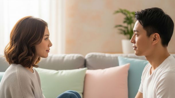 Femme discutant calmement du consentement et de ses limites sexuelles avec son partenaire assis sur le lit