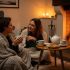 Un couple est assis ensemble dans un salon confortable avec des couvertures et des bougies, illustrant un sentiment d'intimité et de confort.