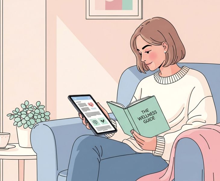 Illustration d'une femme lisant un guide de santé sur son ordinateur portable dans des tons pastel doux, représentant l'apprentissage d'informations précises sur l'anatomie féminine.