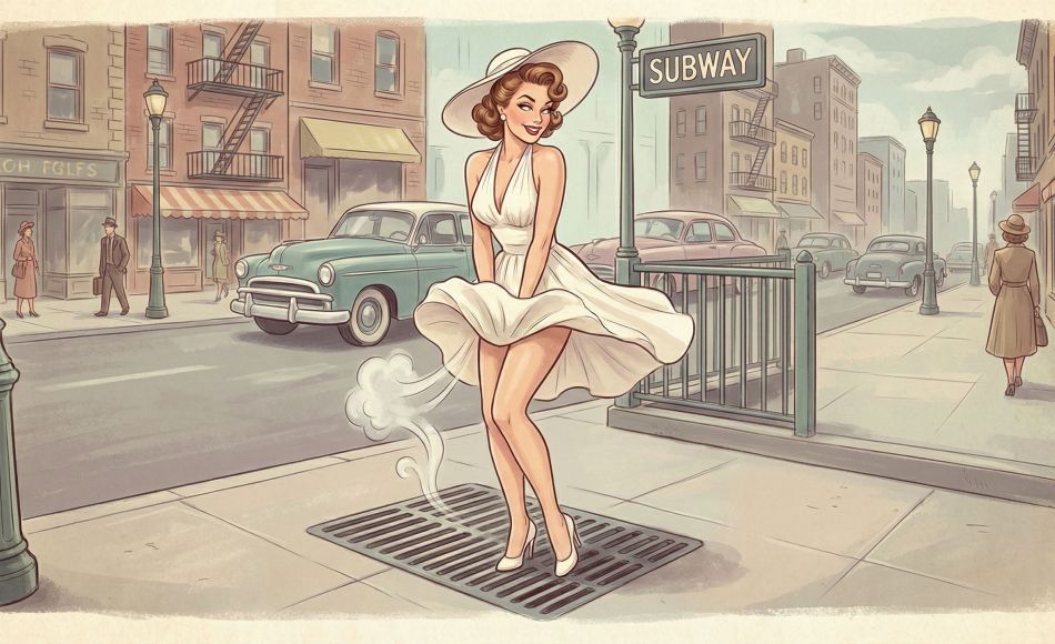 Artistic illustration of a beautiful woman in a vintage white halter dress standing over a subway grate