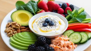 Assortment of nutritious foods supporting vaginal health and microbiome balance