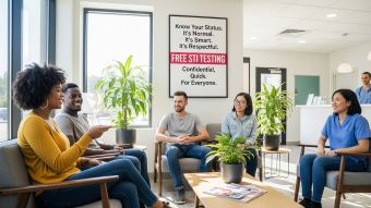 Two couples in a waiting area in a clinic for STI testing before having sex for the first time, symbolizing shared responsibility for sexual health.
