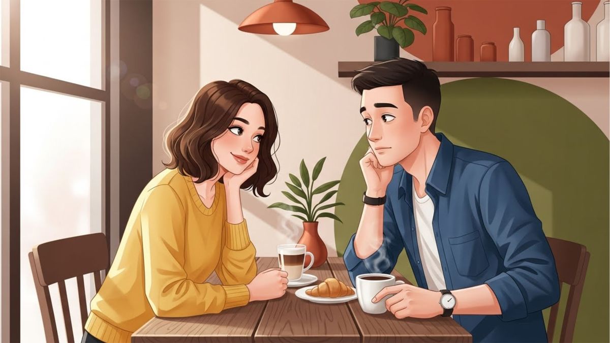 A couple sharing a quiet moment on a first date, observing each other’s subtle gestures