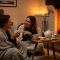A couple sits together in a cozy living room with blankets and candles, illustrating a sense of intimacy and comfort.