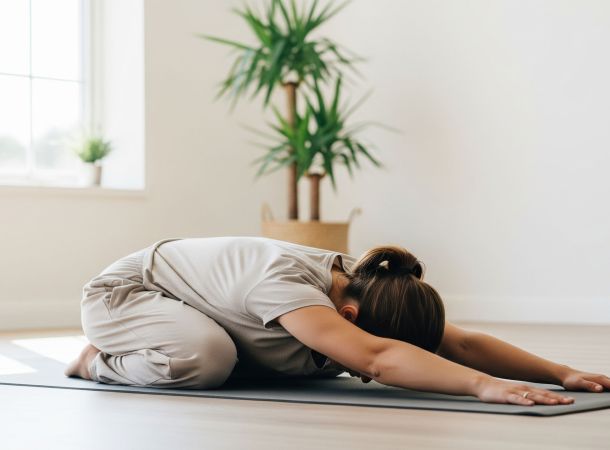 Eine Frau in ruhiger Umgebung, die eine sanfte Dehnung in der Kindeshaltung auf einer Yogamatte durchführt, um eine Geist-Körper-Verbindung zu fördern.