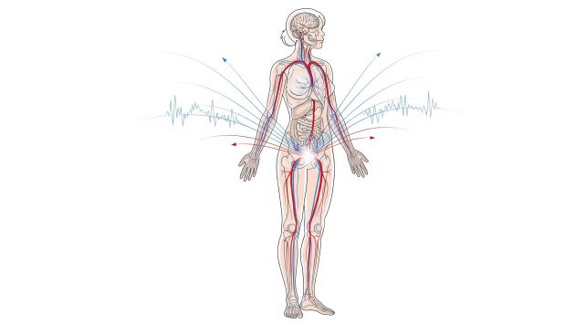 Educational illustration of brain and pelvic anatomy showing neural and blood-flow patterns during sexual arousal.