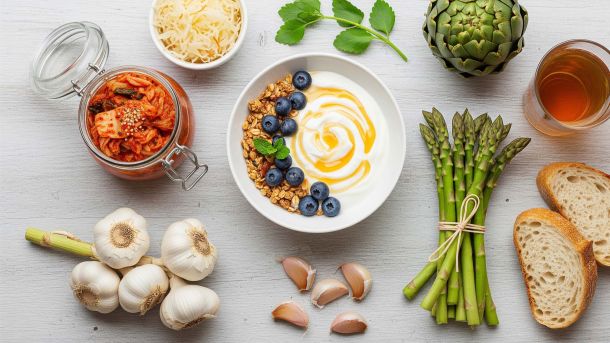 Une photo à plat d'aliments probiotiques et prébiotiques comme le yaourt, le kimchi, l'asperge et l'ail, représentant les éléments clés de l'axe intestin-vagin.