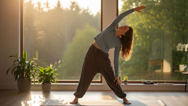 A woman in a calm setting practicing a gentle yoga pose to illustrate natural stress relief for PMS.