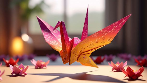 Una grulla de origami vibrante que simboliza el amor.