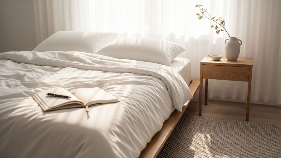 Dormitorio minimalista con diario y luz natural que representa la vida intencional.