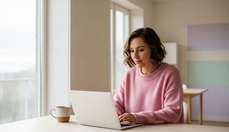Woman working remotely at a sunlit table, suggesting freedom with focus