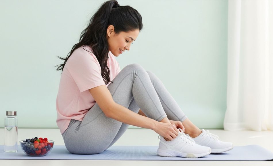 Woman tying running shoes beside fresh berries and water—symbolizing balanced, sustainable weight loss habits