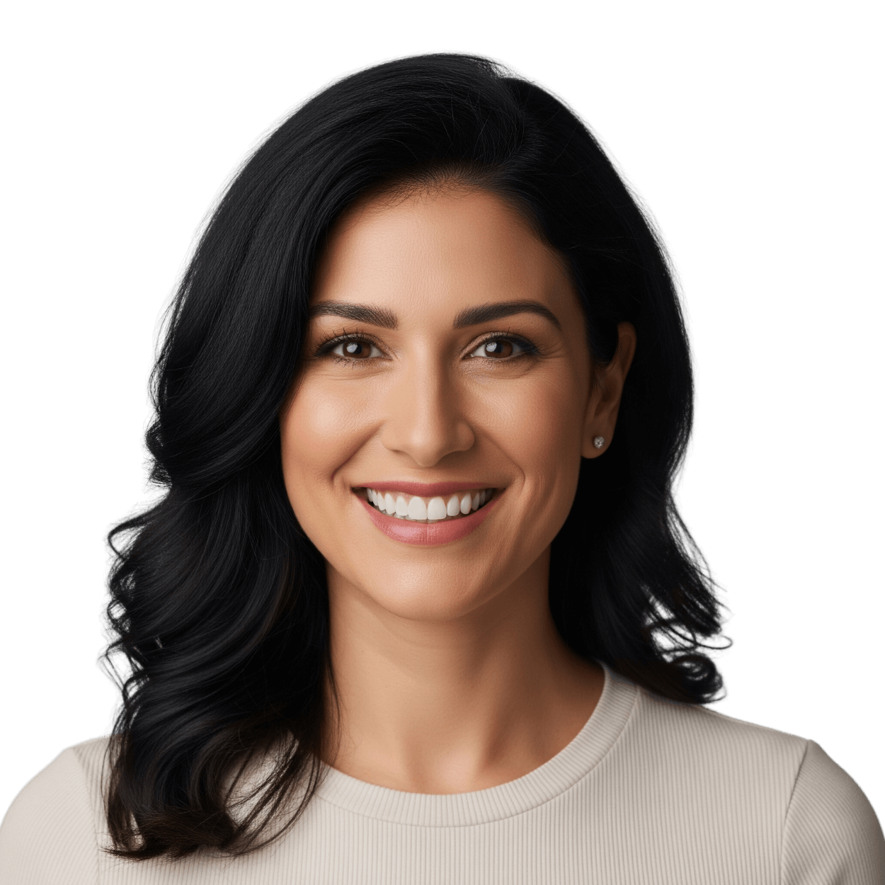Woman smiling, inviting people to participate in our online surveys