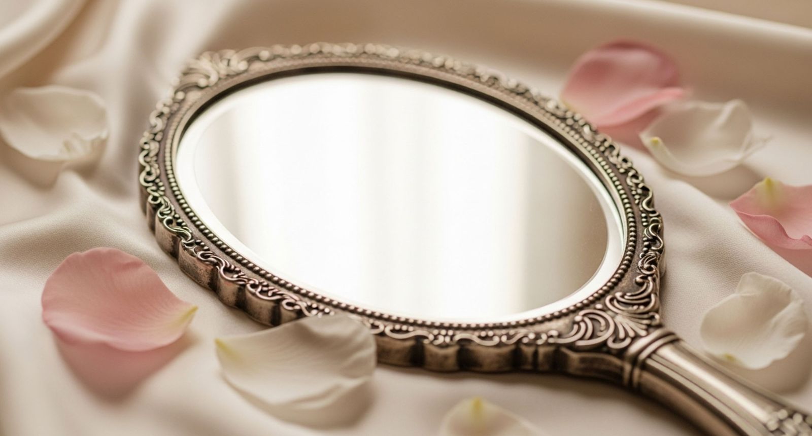Hand mirror on soft blush fabric with scattered petals, symbolizing reflection and restraint in intimate aesthetics
