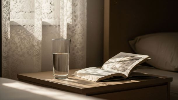 A peaceful morning routine setup with a glass of water and book by a window, representing a calm start to the day.