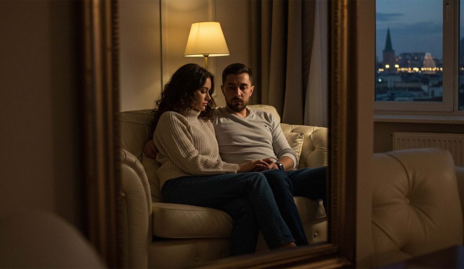 Homme et femme se regardant dans un miroir symbolisant l’image corporelle et la connexion émotionnelle
