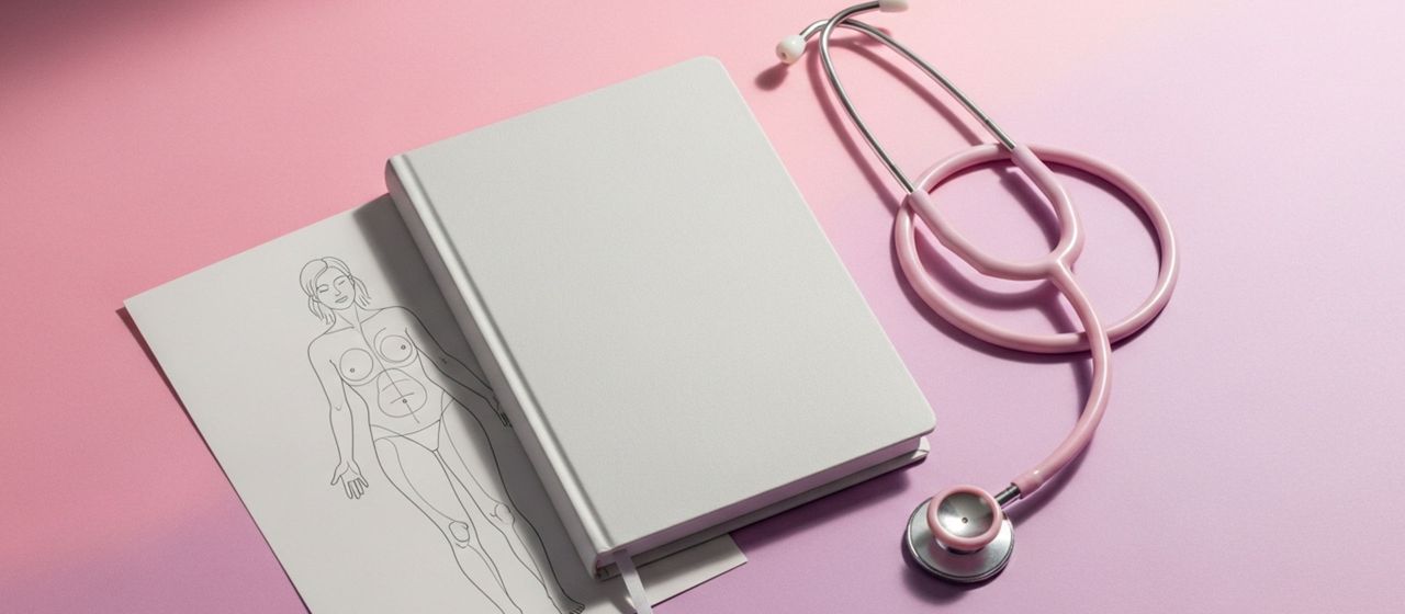 Pastel flat lay with journal, stethoscope, and vulva anatomy card on soft pink background