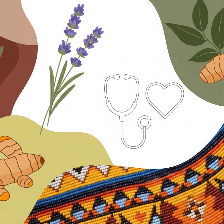 Eine Sammlung von Objekten, die verschiedene kulturelle Ansätze zur Gesundheit darstellen, wie Kräuter, ein traditionelles Perlengefäß und ein modernes medizinisches Diagramm.