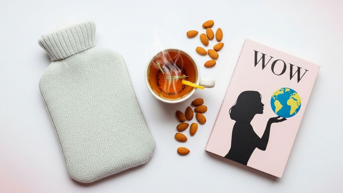 Un kit de préparation pour les crampes menstruelles comprenant une bouillotte, une tisane et des collations saines.
