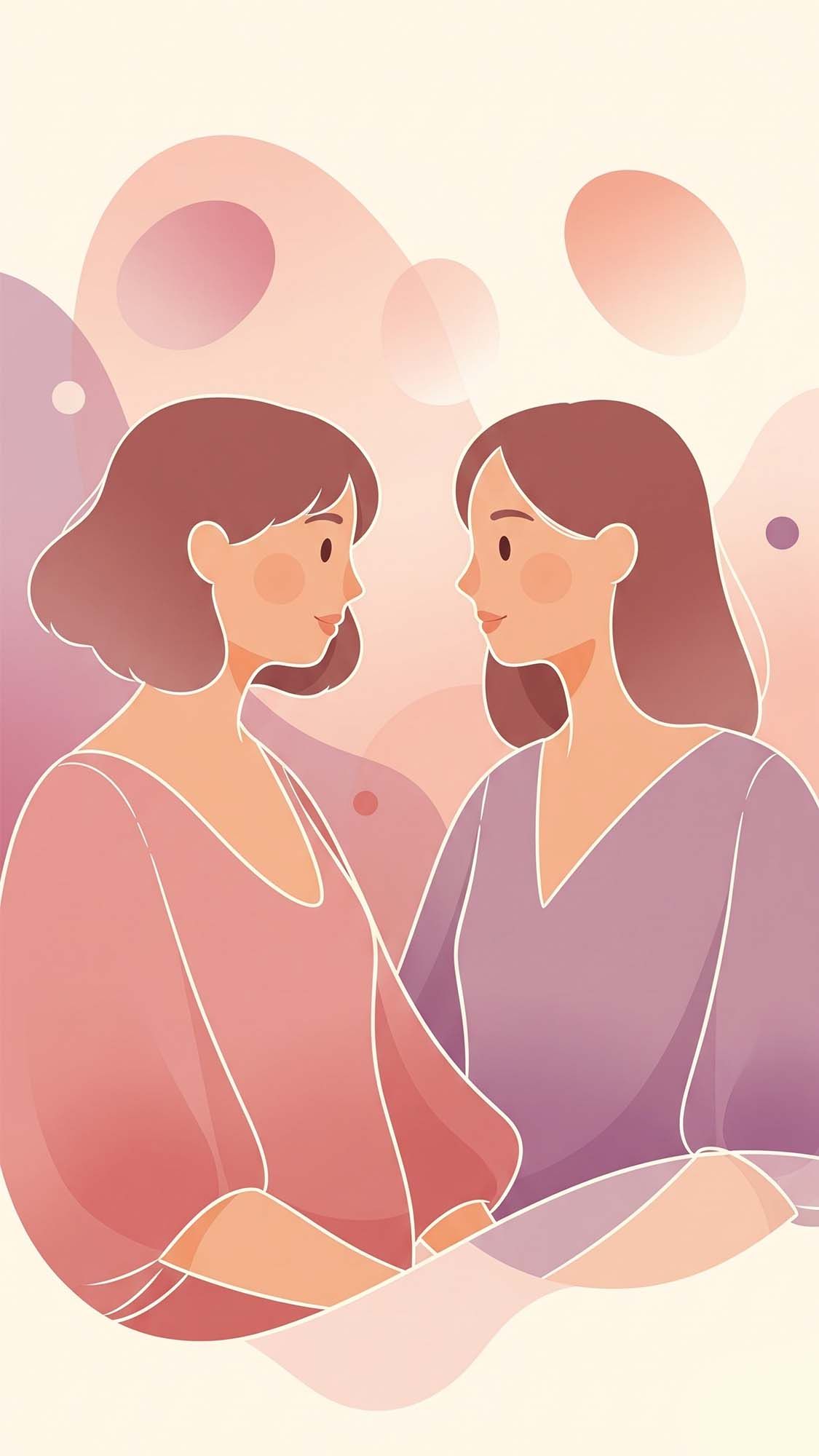 Illustration abstraite de deux femmes en conversation.