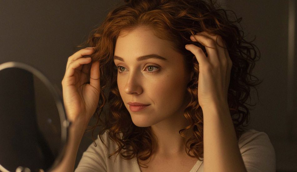 Junge Frau betrachtet sich im Spiegel und denkt über Schönheitsstandards nach