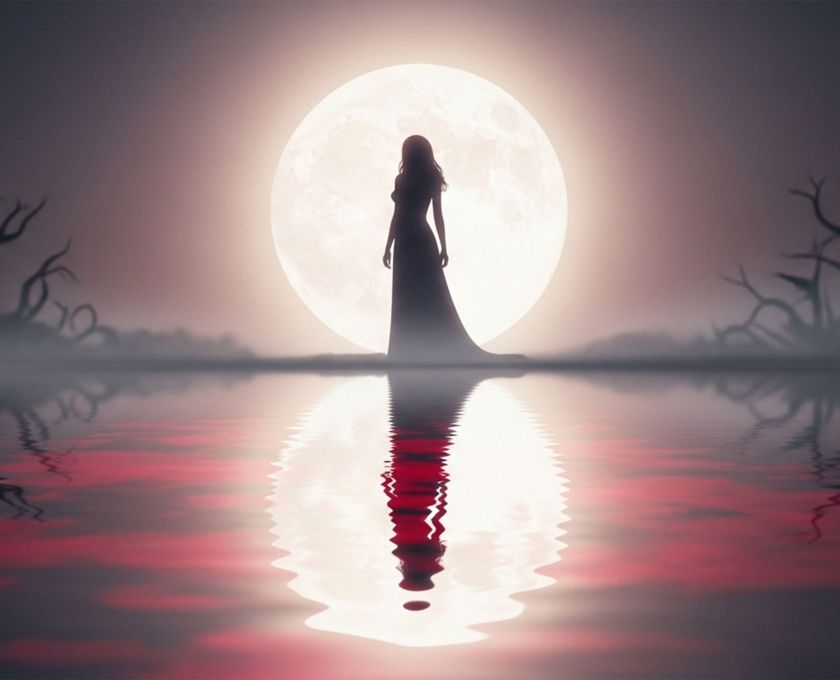 Illustration of a woman under a full moon representing ancient menstrual myths