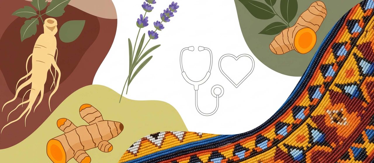 A collection of objects representing different cultures' approaches to health, such as herbs, a traditional beaded container, and a modern medical diagram.