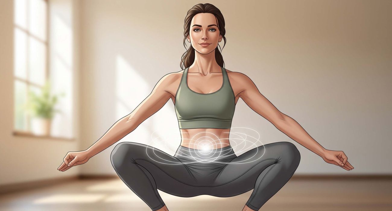 Woman practicing yoga squat to support pelvic floor health