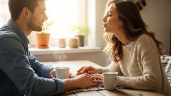 Femme et homme partageant un moment romantique calme autour d’un café, illustrant la force des petits gestes du quotidien.